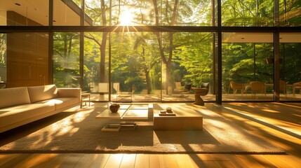 Aufkleber - Modern interior design with architecture, room window, clean house nature. Indoor space, luxury white wood, garden home decoration style. Relaxation in nobody s empty