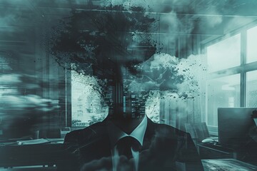 Poster - Business concept with man, businessman in technology, person city exposure. Digital double background, network abstract. Male hand communication, young success computer