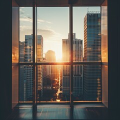 Poster - Modern city architecture with skyscrapers and office buildings. Urban skyline, business center with blue sky reflection. Contemporary design, tall structures, and futuristic