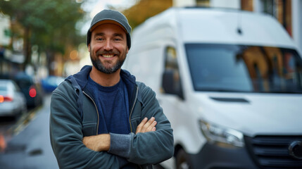 Poster - A smiling delivery man stands with his arms crossed in front of a white van. Generative AI.