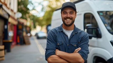 Poster - A smiling delivery man stands with his arms crossed in front of a white van. Generative AI.