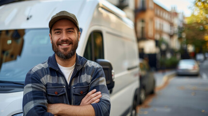 Poster - A smiling delivery man stands with his arms crossed in front of a white van. Generative AI.