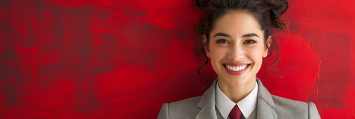 Wall Mural - Confident businesswoman against red backdrop. Portrait conveys empowerment and professionalism, ideal for corporate branding and motivational content