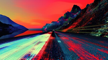 Sticker - 3D render of light trails that appear to speed across an abstract terrain