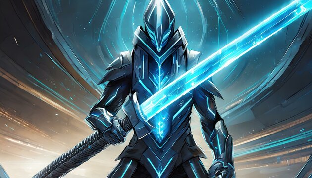 abstract warrior with blue laser sword, art design