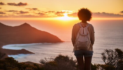 Black woman looking at the sunset; back view; body of water and mountains 