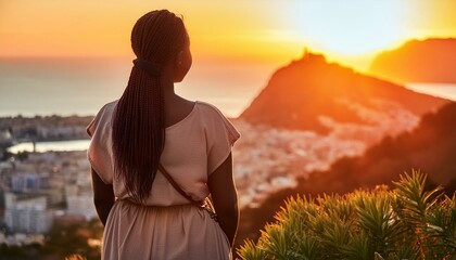 Wall Mural - Black woman looking at the sunset; back view; body of water and mountains 