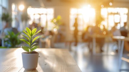 Wall Mural - Blurred background of employees in an eco-friendly, sunlit office, depicting a commitment to environmental sustainability with copy space