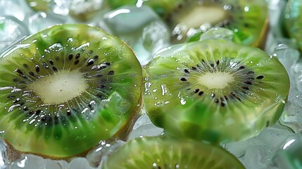 Aufkleber - Green kiwi slices in ice, with a transparent and glassy texture, top view. Generative AI.