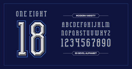 Fototapete - Chrome Chiseled Alphabet Vector Font. Featuring type letters A-Z and numbers 0-9. Chiseled block letters on a navy blue background.