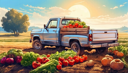 Old truck with an autumn harvest of vegetables and herbs on a plantation - a harvest festival, a roadside market selling natural eco-friendly farm products. illustration. 