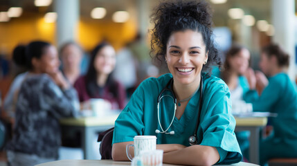 Young woman doctor taking a break at the hospital canteen, sitting at a table with a hot coffee cup, surrounded by cheerful colleagues in conversation