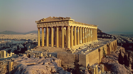 Wall Mural - The Parthenon in Athens is illuminated by the setting sun, with the expansive cityscape of Athens visible in the background.