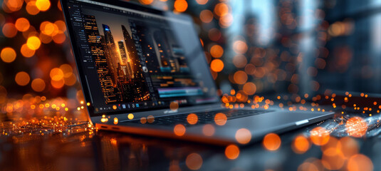 Aufkleber - A luxurious scene focused on a sleek laptop, predominantly gold, black, and white color, vibrant bokeh lights in the background. The laptop screen show advanced video editing software. Generative AI.