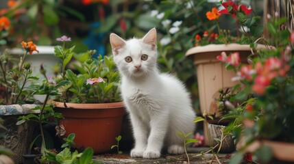 Poster - A white kitten near flower pots in a secluded garden