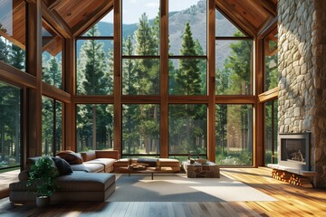 Wall Mural - A contemporary mountain retreat with large windows framing the forest view, a stone fireplace, and warm wooden interiors creating a cozy yet modern feel,