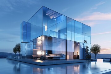 Wall Mural - A futuristic cube house with reflective glass surfaces, a minimalist interior design, and smart home technology integrated seamlessly into the living space,