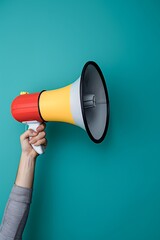 A person's hand holding a red and white megaphone against a vibrant turquoise background.