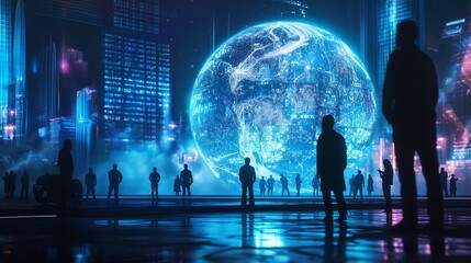 abstract visual technology globe backgrounds, futuristic global hologram with business people and di