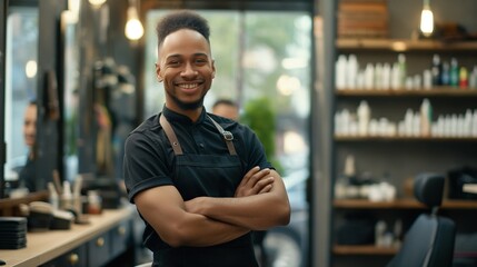 Happy confident stylish handsome black young male barber standing arm crossed in his modern barber shop, portrait of small business owner.