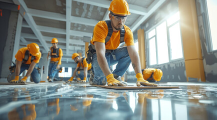 Aufkleber - Group of construction worker all in an orange construction helmet and black and white clothing, laying laminate inside building, they are indoor. Generative AI.