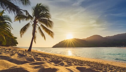 Wall Mural - an idyllic imaginary landscape with a tropical beach palm trees a tranquil bay and evening light at sunset generative ai