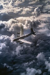 Wall Mural - Aircraft soaring through white puffy clouds, with blue sky visible beneath