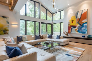 Wall Mural - A contemporary living room with light wood floors and a high ceiling The space features a white sectional sofa with blue and gray cushions
