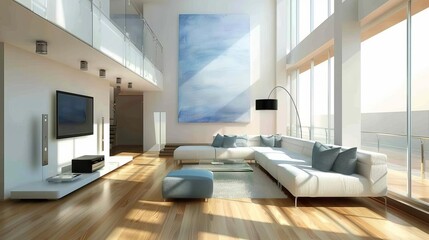 Wall Mural - A minimalist living room with light wood floors and a high ceiling The space features a white sectional sofa with blue and gray cushions