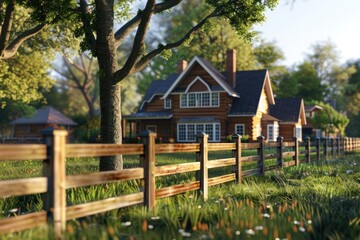 Canvas Print - A residential property with a wooden fence in the foreground