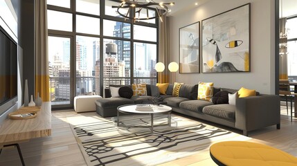 Wall Mural - A modern living room with a high ceiling and light hardwood floors A charcoal gray sectional sofa is complemented by mustard yellow and white cushions A round glass coffee table si