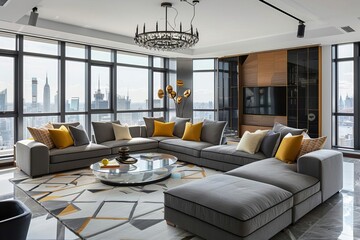 Wall Mural - A sleek minimalist living room with polished concrete floors and a dark gray sectional sofa adorned with mustard yellow and white cushions A round glass coffee table sits on a geom
