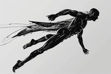 Poster - A black and white drawing of a person in mid-flight, with no background or context