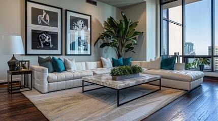 Wall Mural - A spacious modern living room featuring dark wood flooring and a creamcolored sectional sofa adorned with teal and beige cushions A rectangular marble coffee table sits in the cent