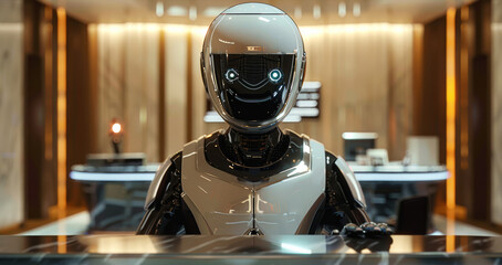 Leinwandbilder - A robot in a suit behind a concierge desk. Futuristic. Generative AI.