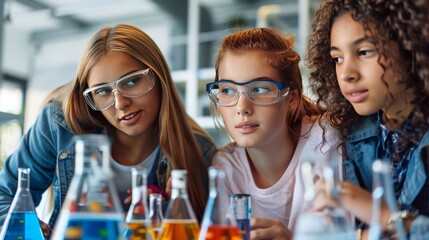 female diverse students participating in STEM learning, Science, technology, engineering, art and mathematics, 16:9