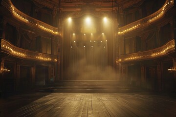Aufkleber - A dark stage with many spotlights shining brightly, ideal for use in advertising or promotional materials