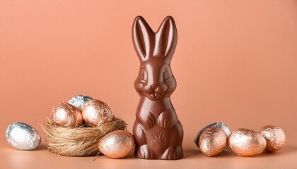 Wall Mural - cute chocolate easter bunny with eggs on peach background
