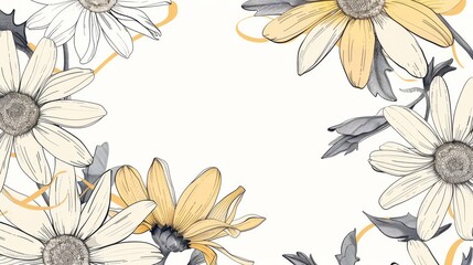 Daisies floral, luxury botanical on white background vector, empty space in the middle to leave room for text or logo, gold line wallpaper, leaves, flower, foliage, hand drawn