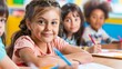 © Vivid Canvas - A smiling young girl with classmates in a vibrant classroom setting, engaging in educational activities.