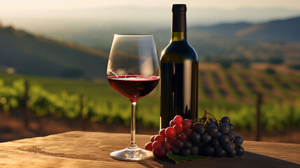 Wall Mural - Glass of red wine and grapes on vineyard in Tuscany, Italy
