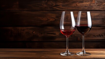 Wall Mural - Two glasses of red wine on wooden background. Copy space for text