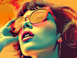© Vertigo Images - Retro style pastel colors summer background. Fashion woman wearing big sunglasses.