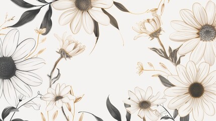 Wall Mural - Daisies floral, luxury botanical on white background vector, empty space in the middle to leave room for text or logo, gold line wallpaper, leaves, flower, foliage, hand drawn