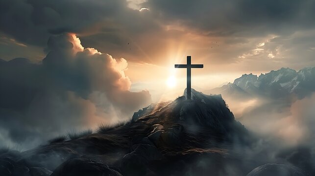 Cross on a mountain. A majestic sunrise illuminates a solitary cross atop a misty mountain peak, symbolizing hope and faith. 