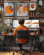 © Plumeria - A digital marketer analyzing data from a home office with charts and graphs on a large screen a modern desk setup and a stylish comfortable chair The scene should emphasize productivity and modernity