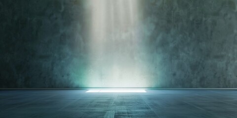 Wall Mural - Empty room with light beam and shadow of a window, abstract grunge style concrete blank studio backgrounds, teal blue spotlights dark scene, for product display, lighting interior backdrops.