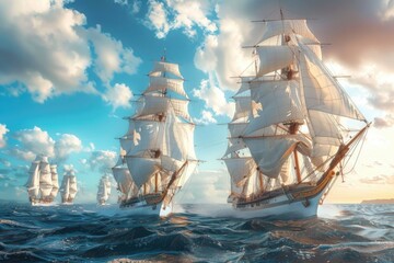 Poster - Group of sailboats on the open ocean with waves and blue sky