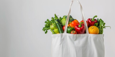 Blank cloth tote bag full of fresh vegetables on grey background with copy space, concept of happy healthy life, organic, lose weight, grocery, mock up, template, green lifestyle.