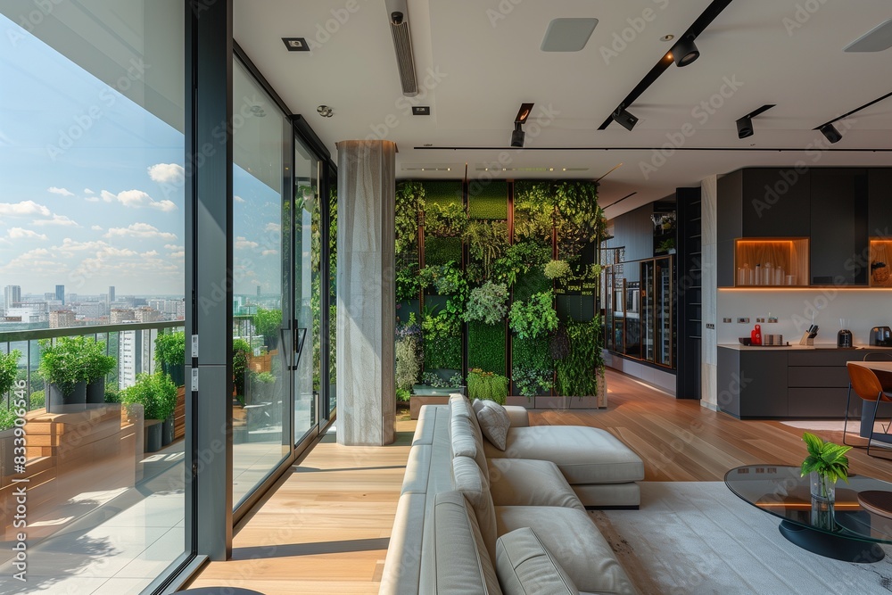 A stylish modern apartment with floor-to-ceiling windows, an open-plan ...